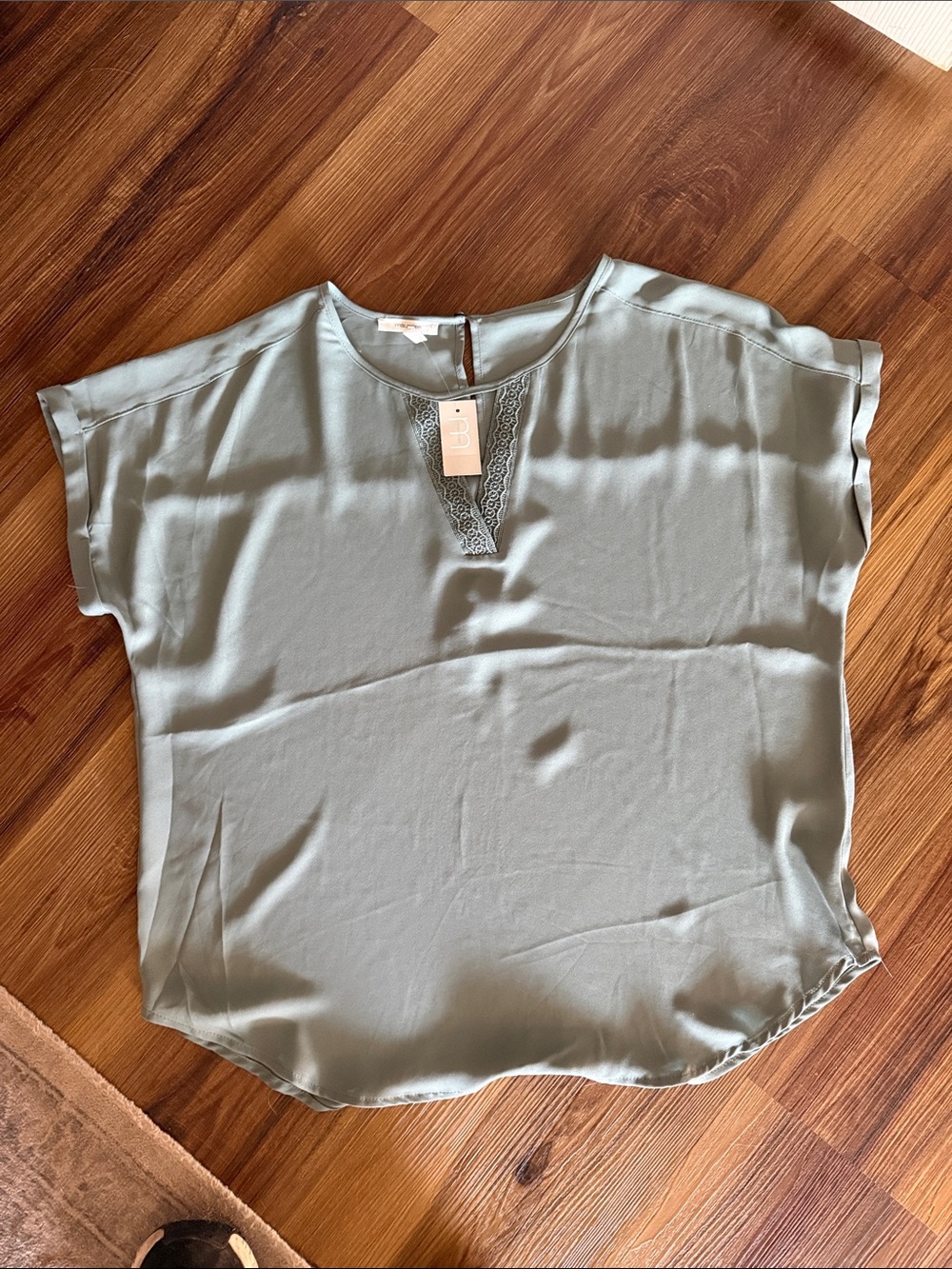 Maurices Sage Green Short Sleeve Blouse with Lace V-Inset